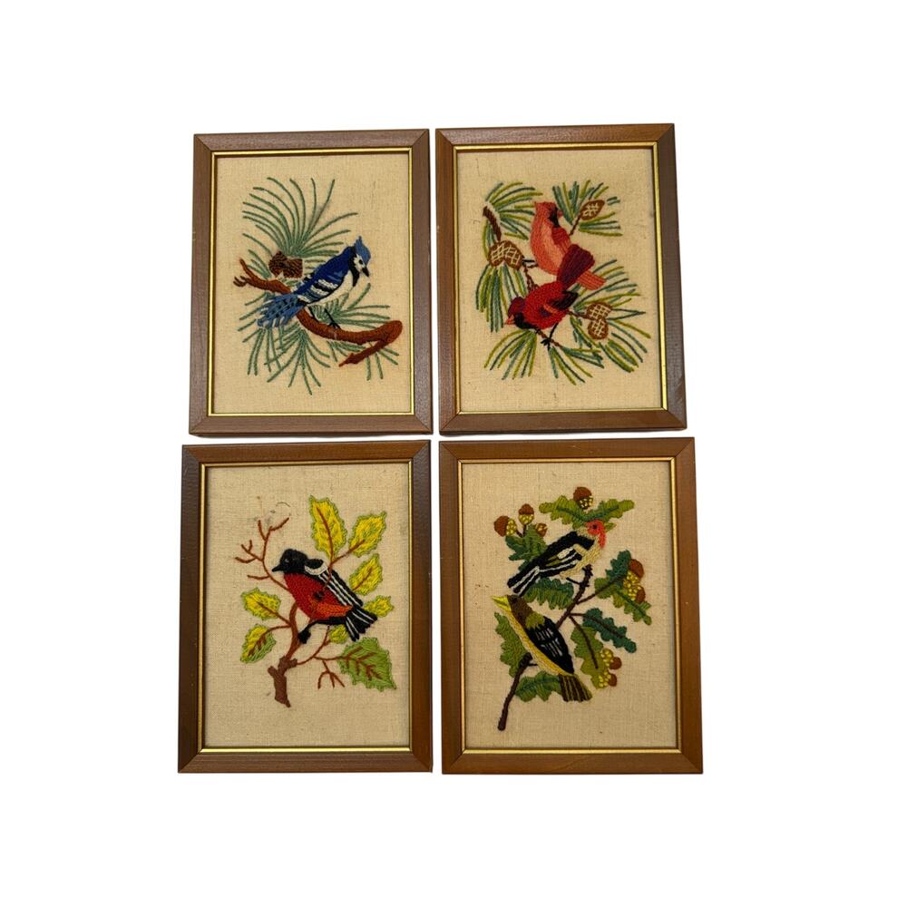 Set of (4) Vintage Framed Crewel Wall Art Birds